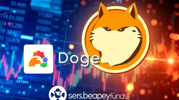 A Dogecoin logo with financial charts, representing the upcoming DOGE ETF launch by RexShares and Osprey Funds.