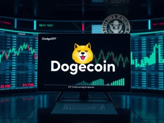 A digital representation of the Dogecoin logo amidst financial charts, symbolizing the rumored DOGE ETF launch and its unique C-Corp structure for SEC approval.