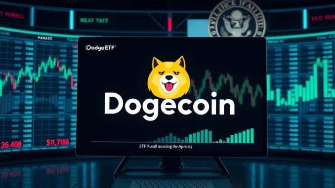 DOGE ETF: Urgent C-Corp Structure Fuels Surprising Launch Rumors A digital representation of the Dogecoin logo amidst financial charts, symbolizing the rumored DOGE ETF launch and its unique C-Corp structure for SEC approval.