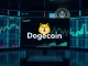 A digital representation of the Dogecoin logo amidst financial charts, symbolizing the rumored DOGE ETF launch and its unique C-Corp structure for SEC approval.
