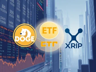 A graphic depicting the imminent launch of DOGE ETF and XRP ETF products, symbolizing a new era for cryptocurrency investments.