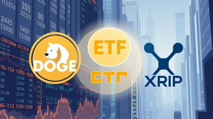 A graphic depicting the imminent launch of DOGE ETF and XRP ETF products, symbolizing a new era for cryptocurrency investments.