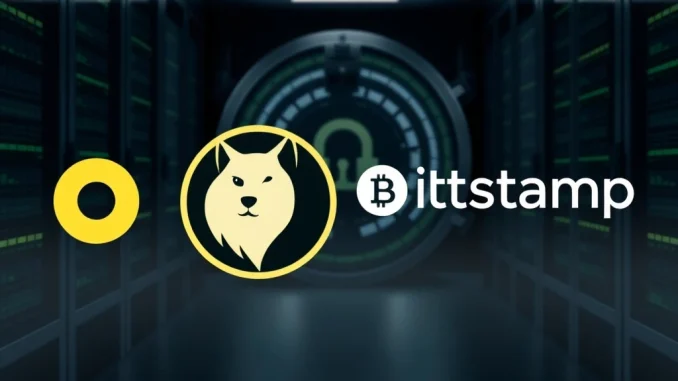 Bitstamp USA logo alongside Dogecoin logo, symbolizing the partnership for secure DOGE treasury custody by House of Doge.