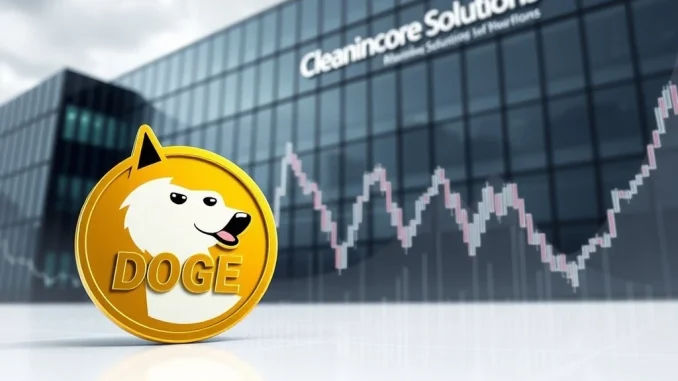 Cleancore Solutions' bold $175M **Dogecoin** treasury plan depicted by a plummeting stock chart next to the DOGE logo.