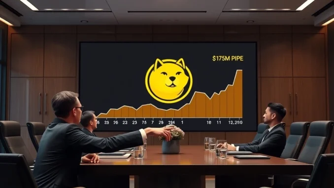 CleanCore Solutions executives finalize a **Dogecoin investment** deal, securing $175M for their new crypto treasury, symbolizing a bold move into digital assets.