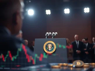 Donald Trump's major announcement podium, with subtle digital asset overlays, symbolizing its potential impact on crypto markets.