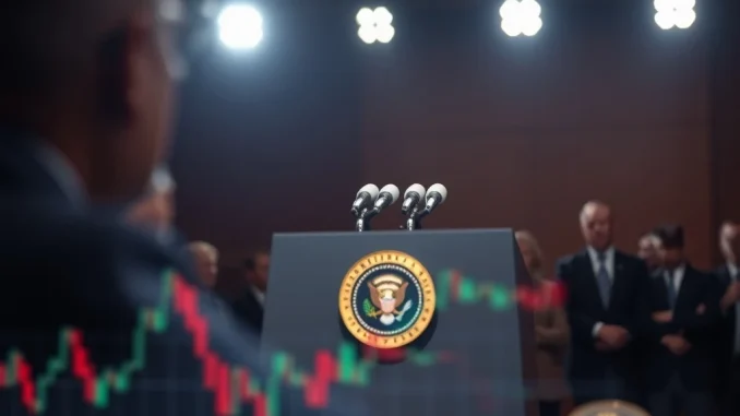 Donald Trump's major announcement podium, with subtle digital asset overlays, symbolizing its potential impact on crypto markets.