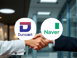Illustrates the **Dunamu Naver acquisition** discussions, showing two company logos converging, symbolizing potential partnership.