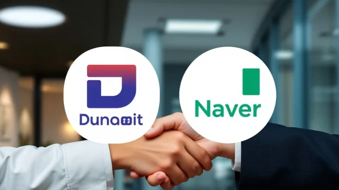 Illustrates the **Dunamu Naver acquisition** discussions, showing two company logos converging, symbolizing potential partnership.