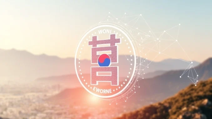 A visual representation of the Dunamu stablecoin, KRWT, bridging traditional Korean won with advanced blockchain technology, signifying innovation in digital finance.