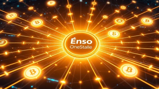 A visual metaphor for Enso OneStable unifying fragmented stablecoin liquidity across multiple blockchain networks, emphasizing crypto efficiency.