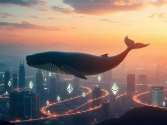 Digital representation of a whale and institutional symbols indicating significant ETH accumulation on the blockchain.