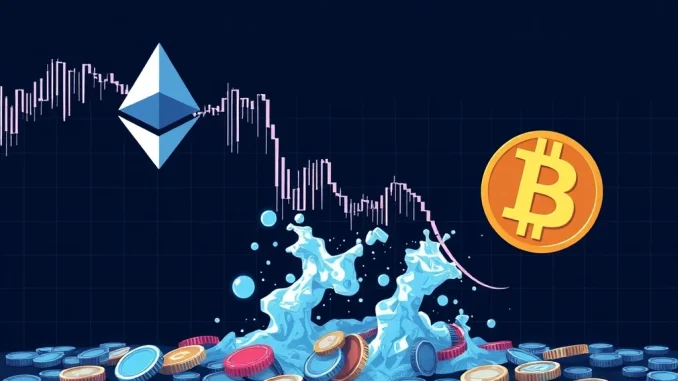 A digital chart depicting a significant **crypto liquidation** event, highlighting Ethereum's dominant role in the market's recent downturn.