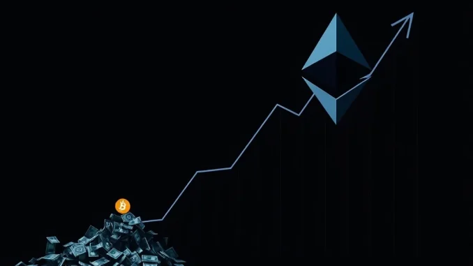 A chart illustrating significant **ETH spot ETFs** outflows, contrasting with modest Bitcoin ETF inflows, symbolizing market shifts.
