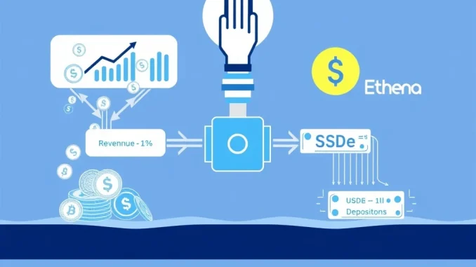 A graphic showing the Ethena fee switch mechanism, illustrating protocol revenue flowing to ENA holders and USDe depositors.