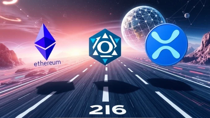 Three distinct blockchain symbols, representing Ethereum, Solana, and XRP, are depicted in a dynamic race towards achieving 2026 blockchain dominance.