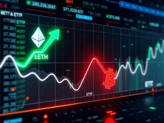 A financial chart illustrating significant Ethereum ETFs inflows contrasting with Bitcoin ETFs outflows, symbolizing a shift in crypto investment strategy.