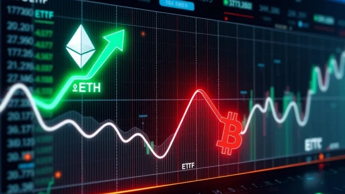 A financial chart illustrating significant Ethereum ETFs inflows contrasting with Bitcoin ETFs outflows, symbolizing a shift in crypto investment strategy.