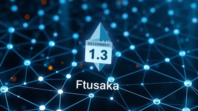 A digital representation of the Ethereum Fusaka upgrade timeline, highlighting the December 3 tentative date and the network's evolution.