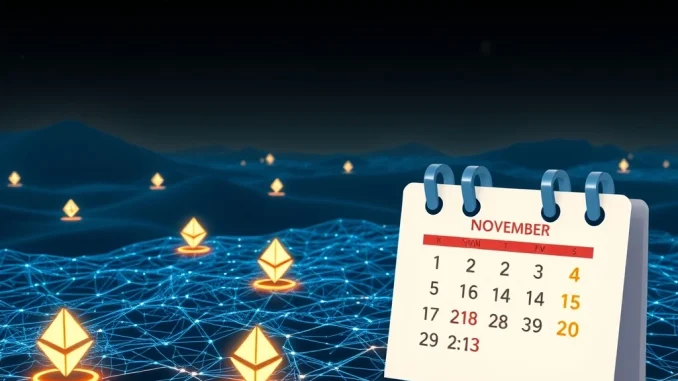 Visualizing the **Ethereum Fusaka upgrade** as a pivotal moment for the network, showing digital gears turning towards a November mainnet launch.