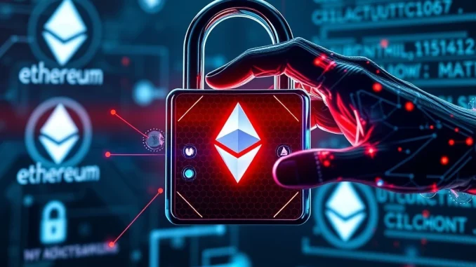 Illustrating a digital lock being compromised, symbolizing the vulnerability of WLFI holders to Ethereum phishing attacks exploiting EIP-7702.