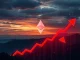 A red downward arrow on a crypto chart, signifying a crucial Ethereum price drop and rising ETH liquidation risks.