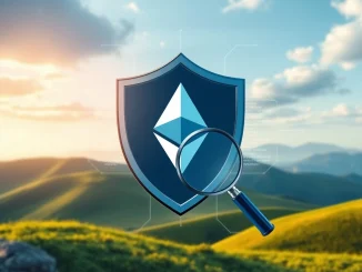 An illustration of a digital shield protecting the Ethereum logo, representing the Ethereum Foundation's audit competition for the Pusaka upgrade, ensuring network security.
