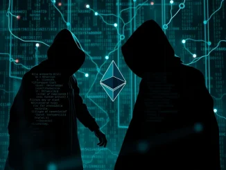 Visualizing a hidden cybersecurity threat where Ethereum smart contracts are exploited to conceal malware within blockchain networks.