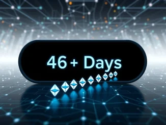A digital clock showing a 46+ day wait, symbolizing the record-high Ethereum unstaking queue and its impact on the network.