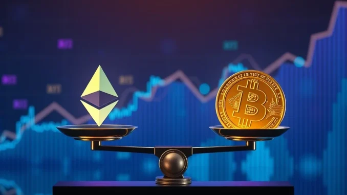 Historic Ethereum Trading Volume Triumphs: ETH Surpasses Bitcoin for First Time Since 2022 A visual representation of Ethereum's trading volume surpassing Bitcoin's, highlighting the historic ETH Bitcoin volume shift.