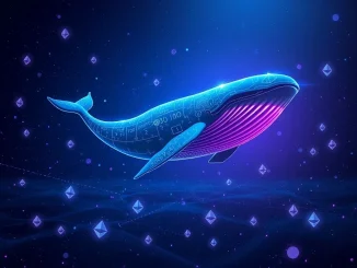 A digital whale moving a large sum of Ethereum (ETH) coins, symbolizing a significant Ethereum whale transfer after years of dormancy.