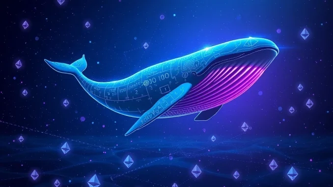 A digital whale moving a large sum of Ethereum (ETH) coins, symbolizing a significant Ethereum whale transfer after years of dormancy.