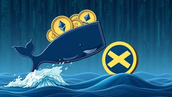 Illustrates a significant Ethereum whale withdrawal from Kraken exchange, showing large digital asset movement.