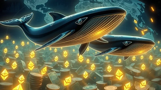 Image showing Ethereum whales and sharks accumulating ETH, signifying significant market movements and bullish sentiment.