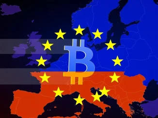 An illustration of the EU flag overlapping a cryptocurrency symbol, representing the impact of **EU Russia sanctions** on digital assets.