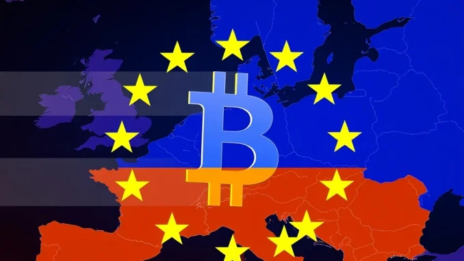 An illustration of the EU flag overlapping a cryptocurrency symbol, representing the impact of **EU Russia sanctions** on digital assets.