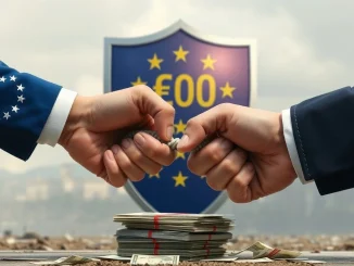 A protective shield representing the EU's €100B contingency plan against potential US tariffs, symbolizing economic defense in the face of transatlantic trade disputes.
