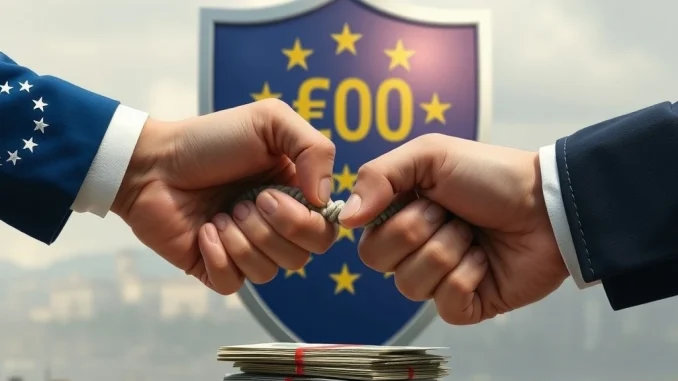 A protective shield representing the EU's €100B contingency plan against potential US tariffs, symbolizing economic defense in the face of transatlantic trade disputes.