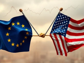 A symbolic tug-of-war between the EU and US flags, representing escalating EU tariffs and the potential global trade war.