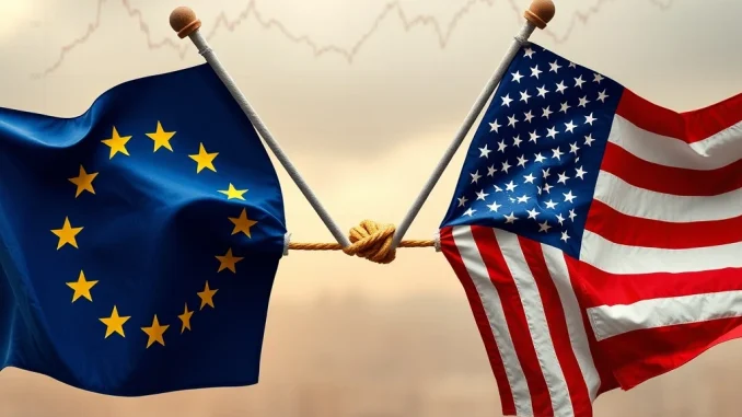 A symbolic tug-of-war between the EU and US flags, representing escalating EU tariffs and the potential global trade war.