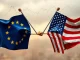 A symbolic tug-of-war between the EU and US flags, representing escalating EU tariffs and the potential global trade war.