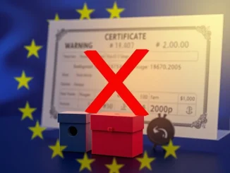 An EU regulator's warning symbol over a digital stock certificate, highlighting the absence of shareholder rights in tokenized stocks.