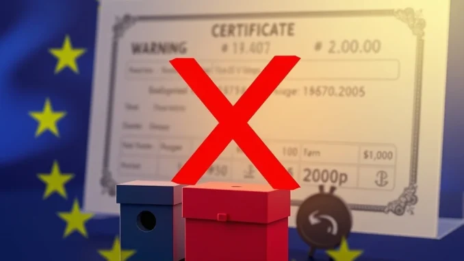 An EU regulator's warning symbol over a digital stock certificate, highlighting the absence of shareholder rights in tokenized stocks.