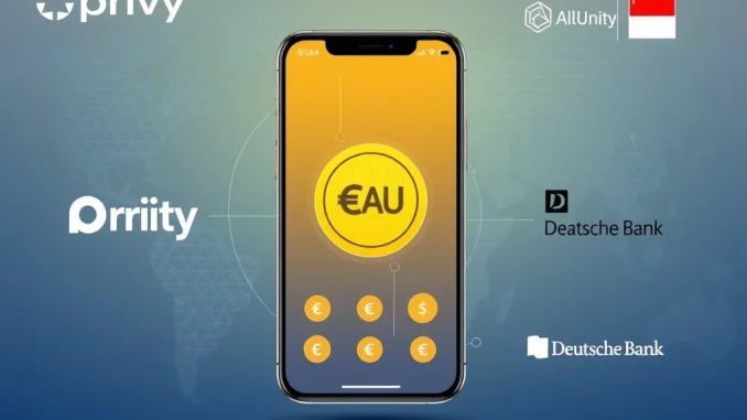 Privy wallet interface displaying EURAU stablecoin transactions, highlighting the secure euro digital payments partnership with AllUnity.