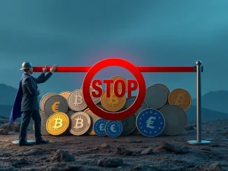 A visual representing the European stablecoin ban, with regulators stopping multi-issuance stablecoins.