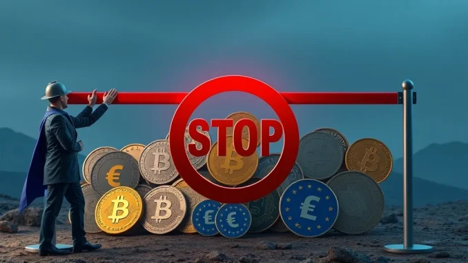 A visual representing the European stablecoin ban, with regulators stopping multi-issuance stablecoins.