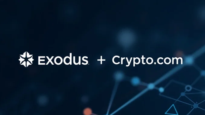 Exodus wallet and Crypto.com logos signify their strategic partnership for secure digital asset custody solutions.