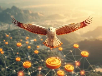 A digital falcon representing Falcon Finance, flying over a network of FF tokens, symbolizing the release of its white paper and new Tokenomics.