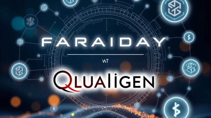Illustrates the strategic Faraday Future crypto and Web3 partnership with Qualigen Therapeutics, showing intertwined logos and digital assets.