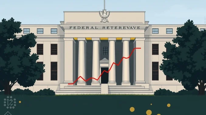 A visual representation of the Federal Reserve's Fed interest rates policy, with graphs showing a flat trajectory, signifying no rate cuts expected, impacting financial markets.